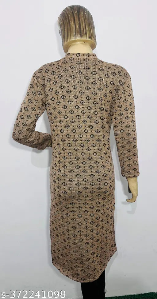 Brown flower printed women's woolen kurti for winter, three-quarter sleeves
