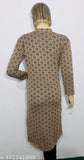 Brown flower printed women's woolen kurti for winter, three-quarter sleeves