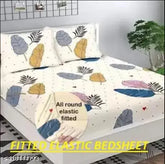 Platinum printed glace cotton fitted double king bedsheet with 2 pillow covers, botanical pattern, elasticated size 78 x 72 inches/198 x 182 cms, ideal for adult summer use, by RAREBIRD