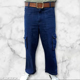 New denim baggy cargo jeans for men, solid style with deep indigo hue - India origin