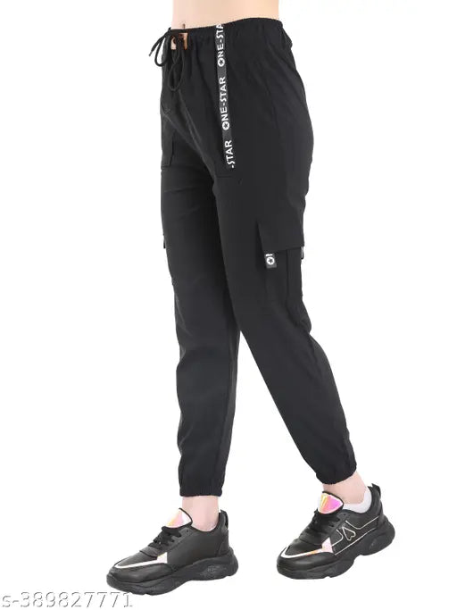 Poly blend cargo joggers for women and girls combo, two pairs in various sizes from 26-34. Women's casual workout apparel on model