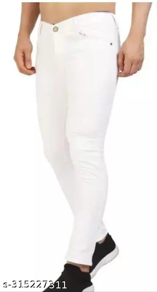 MOD Men plain white cotton blend jeans, solid front view, sizes 28, 30, 32