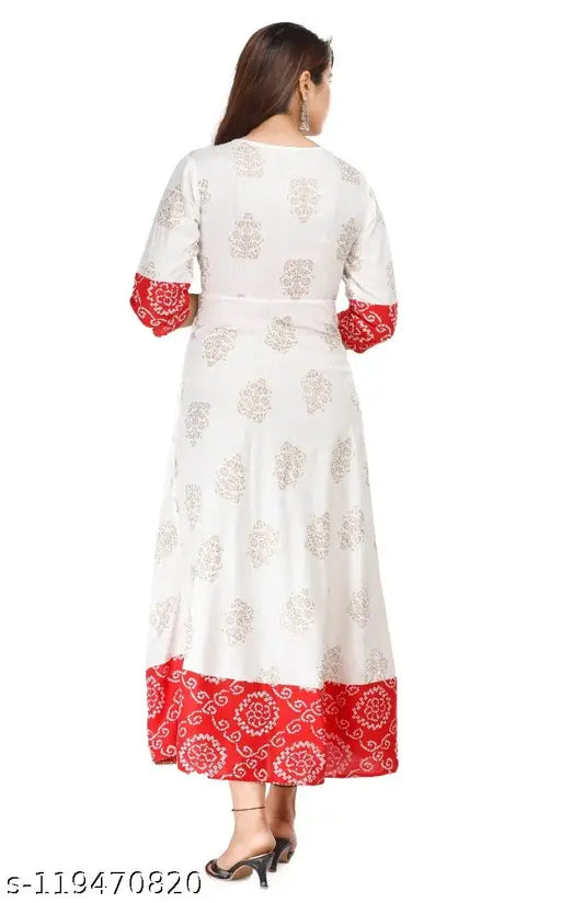 White rayon anarkali kurta with floral embroidery, three-quarter sleeves, India origin