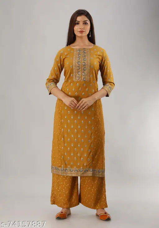MAUKA women's gold foil printed rayon kurta & palazzo set (2 pieces), rayon fabric, three-quarter sleeves, India origin
