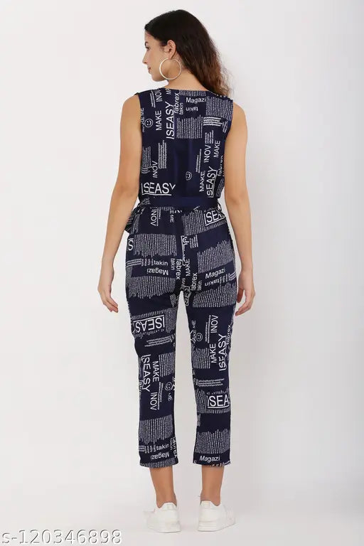 Navy Blue Crepe Sleeveless Printed Jumpsuit by Jacinta Paper - Stylish, trendy, and comfortable women's wear from India
