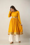 Yellow rayon kurta with white sharara set, solid pattern, Indian-made