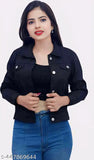 Black denim jacket, solid pattern, long sleeves, Zaar creation for all seasons, collared neckline, two front pockets