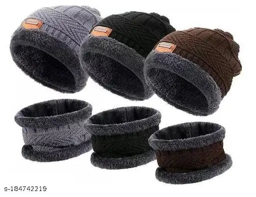 Woolen unisex beanie cap set with neck warmer & muffler scarf (pack of 3), solid color, handcrafted in India