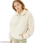 White fleece oversize hoodie for women, half zip sweatshirt, long sleeves, gift winter wear