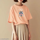 Cotton oversize women's t-shirt, printed net design, three-quarter sleeves - comfortable fit for sizes S to 5XL, made in India