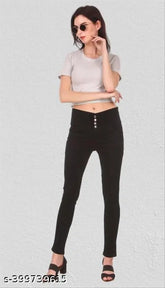 Ankle length 4-button stretchable denim jeans in black, applique net detail, trendy women's partywear pants from India
