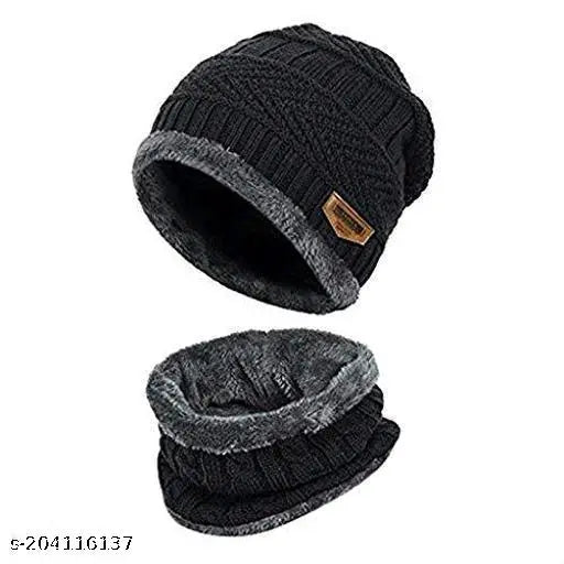 Navy blue & black premium woolen cap with face cover (pack of 2) - Unisex winter beanie and neck warmer scarf with faux fur lining, made in India
