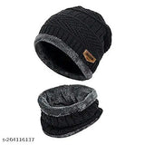 Navy blue & black premium woolen cap with face cover (pack of 2) - Unisex winter beanie and neck warmer scarf with faux fur lining, made in India
