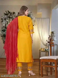 Rayon slub kurti set with matching pants, embroidered in vibrant colors for special occasions, Indian origin