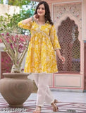 Yellow rayon printed kurti with three-quarter sleeves, perfect for summer office wear and casual gatherings. Available in sizes L to XXXL, made in India
