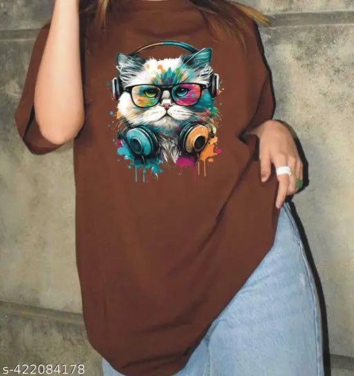 Cotton blend oversized round neck t-shirt for women & girls, printed with stylish floral design, short sleeves available in sizes XS to XL