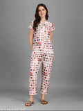 Kinjo women's printed pyjama set, full night suits in poly silk fabric with short sleeves, vibrant print design