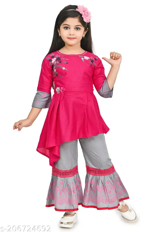 Pink rayon sharara outfit set, embroidered and elegant for kids party wear, India origin. (3-4 years size: top length 21in, bottom length 22in; 4-5 years size: top length 22in, bottom length 23in; etc.)