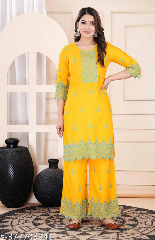Printed rayon kurta and palazzo set for women, three-quarter sleeves, festive occasion wear, P PRIYA FASHION India
