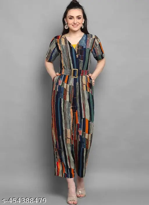 Multicolor striped rayon foil printed round neck jumpsuit with three-quarter sleeves, featuring square neck design, flat pleat waist, two side pockets, and belt buckle. Ideal for casual wear, parties, and special occasions. Crafted in India