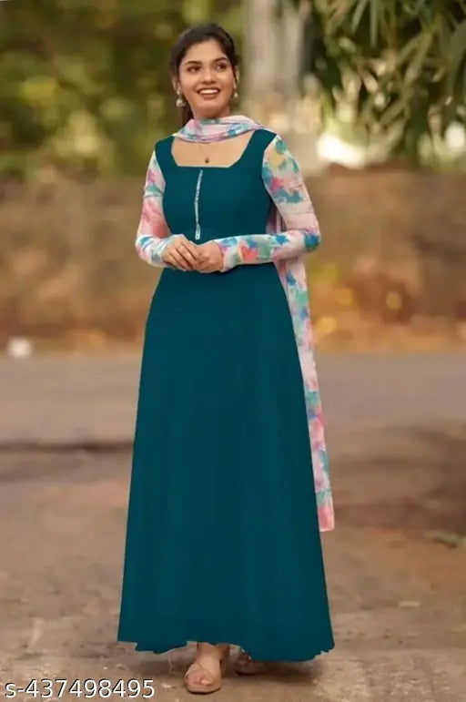 Pastel-shaded Georgette rama gown with long sleeves, perfect for western fashion. Kurti with dupatta in matching pastel shades, both made of Georgette fabric