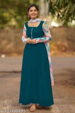 Pastel-shaded Georgette rama gown with long sleeves, perfect for western fashion. Kurti with dupatta in matching pastel shades, both made of Georgette fabric