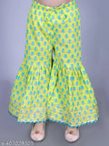 Lime green cotton floral print anarkali/flared kurta & sharara set for girls - soft, airy, comfortable clothing for casual wear. Item includes 1 set, sizes 2-3 years to 13-14 years. Made in India