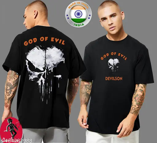 Round Neck cotton God-of-Evil oversized 3/4th sleeve T-Shirt, printed net design. Plus size also available