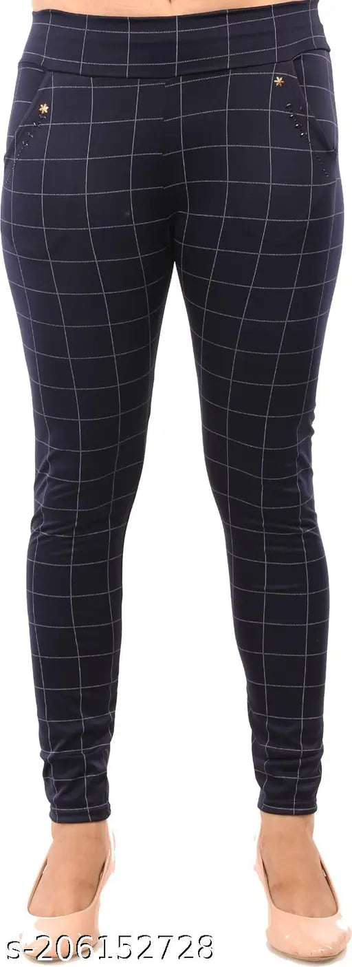 Trendy blue & black checked Lycra jeggings for women, ankle length with two pockets, comfortable and fashionable, available in various sizes from 24 to Free Size (India)