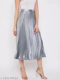 Satin pleated midi skirt, western style, elastic waist, full-length, trendy women's wear. Indian-made, fits sizes 28-Free