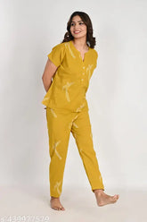 Pure cotton printed nightwear set for women, featuring a top and pant with short sleeves and pyjama bottom style. Available in sizes S-XXL, made from high-quality Indian cotton
