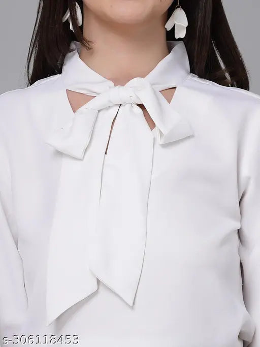 Solid white polyester smart casual top with long sleeves, chic tie-up V-neckline, and bishop full sleeves, made in India