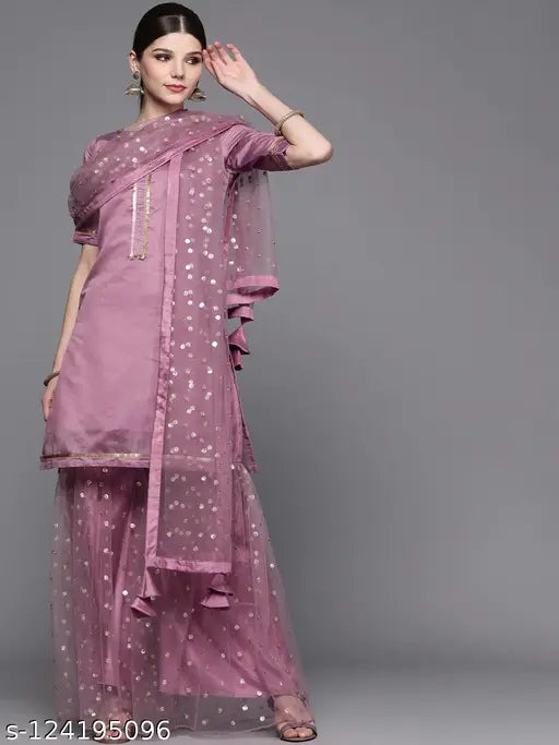 Purple silk sequinned kurta with sharara and dupatta, perfect for party or wedding wear. Unstitched, comes in S-XXL sizes, made in India