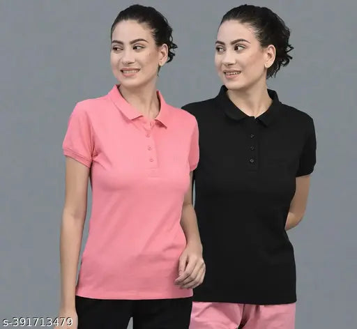Cotton blend polo neck t-shirts (Pink), pack of 2 - Dollar Women's Solid Polo Neck Pink Tshirts, India origin
