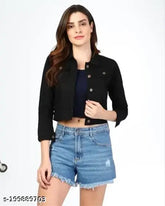 Denim waistcoat for women, trendy solid-colored long-sleeved jacket from India