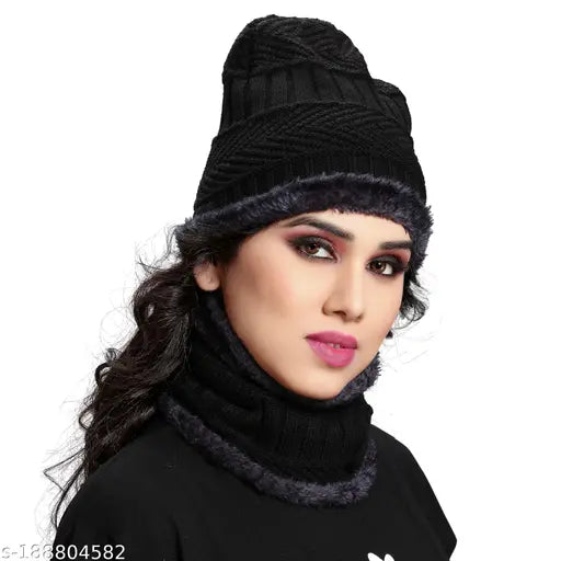 Woolen unisex beanie cap with neck muffler, soft textured wool for winter warmth