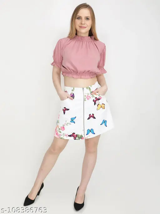 Recycled mini skirt with butterfly print, polyester, zip front. Jakanary brand, sustainable fashion accessory