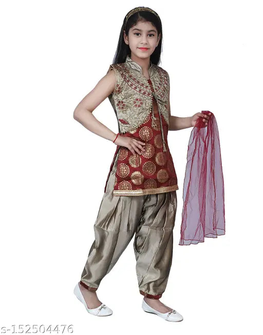 Silk Kotia Patiala for girls, embellished sleeveless kurta set with dupatta and bottomwear, single piece, Indian handcrafted silk and net fabric