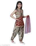 Silk Kotia Patiala for girls, embellished sleeveless kurta set with dupatta and bottomwear, single piece, Indian handcrafted silk and net fabric