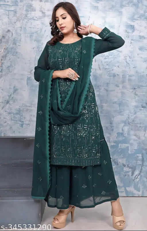 Georgette embroidered women's kurti set with sharara and dupatta, three-quarter sleeves, India-made