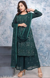Georgette embroidered women's kurti set with sharara and dupatta, three-quarter sleeves, India-made