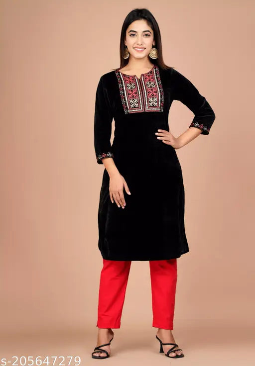 Black velvet winter kurta with ethnic embroidery, three-quarter sleeves, women's wear from India