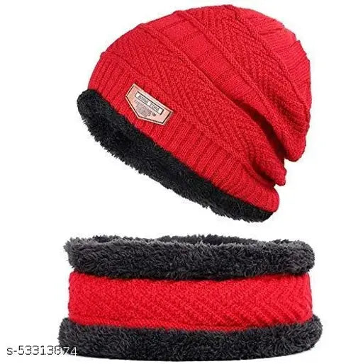 Red woolen beanie cap set with muffler scarf, ultra-soft and unisex, perfect for cold weather