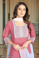 Attractive cotton blend kurta set with dupatta and bottomwear, printed in vibrant Indian patterns