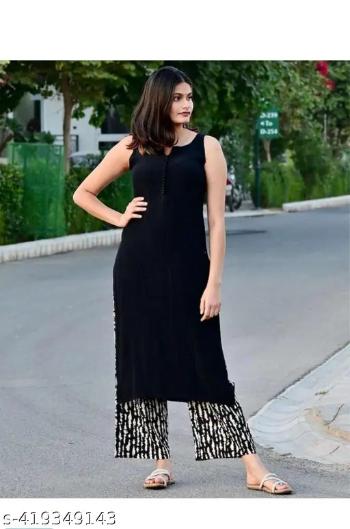 Sleeveless rayon straight kurta sets in solid patterns, 2-piece set with palazzo bottoms from India
