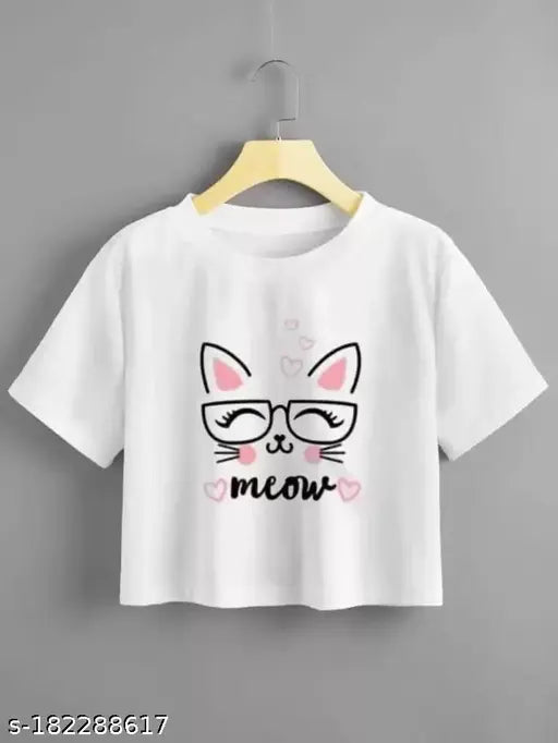 Trendy printed cotton short-sleeve t-shirt for women, size S (bust 28in, length 15in), made in India