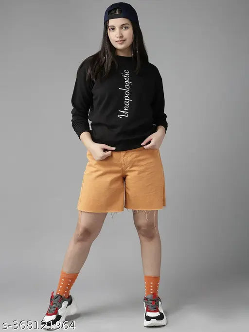 Navy printed cotton sweatshirt for girls aged 8-15 years, bold "Unapologetic" design, trendy winter wear from Cottbray (India)