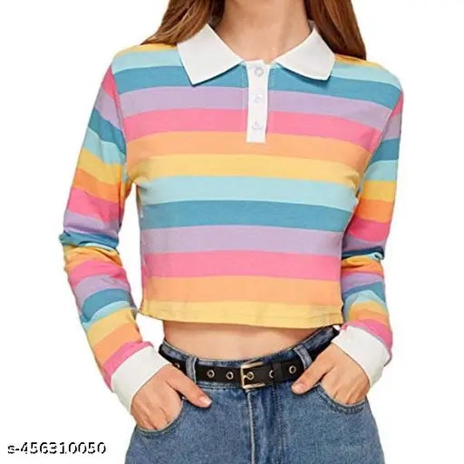 Long sleeve Lycra striped tee shirt in vibrant rainbow colors, ideal for casual wear and layering