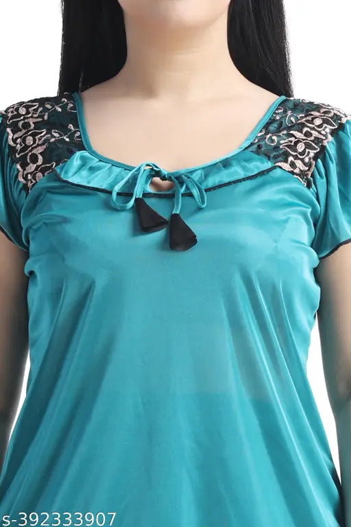 Fashionable satin night suit, solid-colored pyjamas with short sleeves and a sweetheart neckline. Soft and smooth against the skin, perfect for honeymoon and regular wear. Machine washable, made in India