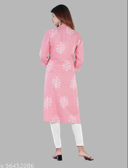 Pink rayon printed kurta with three-quarter sleeves, Indian ethnic wear for women
